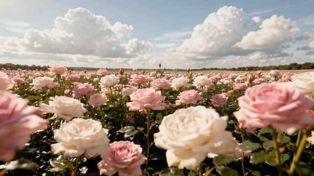 Beautiful field of blooming pink and white roses under a bright blue sky with fluffy clouds