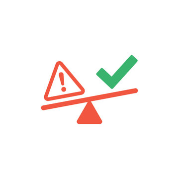 Risk assessment scale balance, warning and checkmark, evaluation concept, decision making, business analysis workshop, safety meeting, conceptual vector illustration