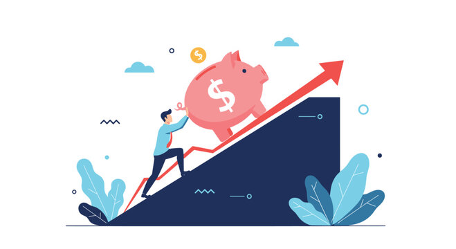 Determined businessman pushing a heavy pink piggy bank up a steep financial growth chart representing hard work and wealth accumulation.