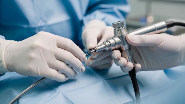 Close up of surgeons hands holding endoscope medical equipment during minimally invasive surgery in hospital
