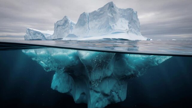 Massive iceberg floating in cold ocean water with underwater view of ice structure and cloudy sky