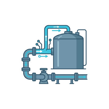 Pump skid with storage tank, process piping network, gauges and filters, industrial plant, maintenance workshop, utility management forum, vector illustration