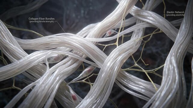 Microscopic view of collagen fibers and cells in connective tissue.