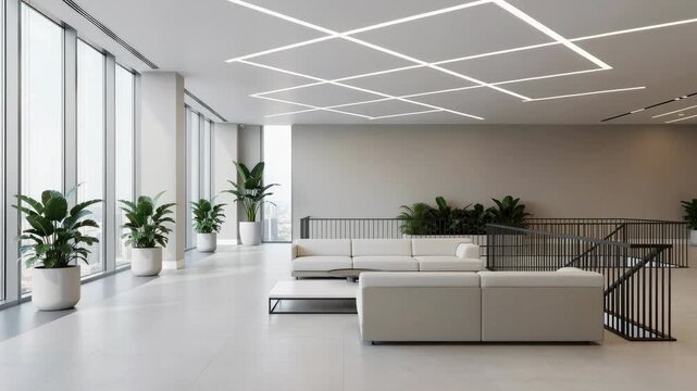 Modern spacious office lounge area with large windows natural light and elegant indoor plants