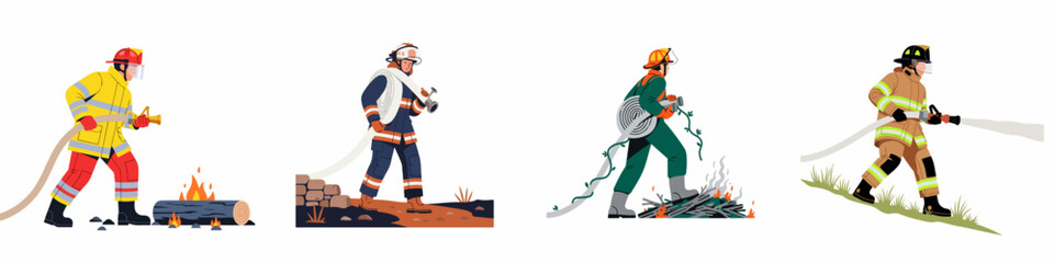 Obraz premium Set of Flat Vector Illustrations Featuring Firefighters in Protective Gear Using Water Hoses to Extinguish Outdoor Fires and Managing Emergency Situations