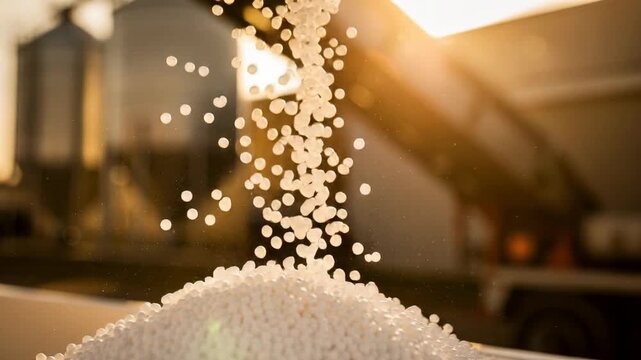Close up of white plastic pellets pouring into a pile with industrial background and warm sunlight