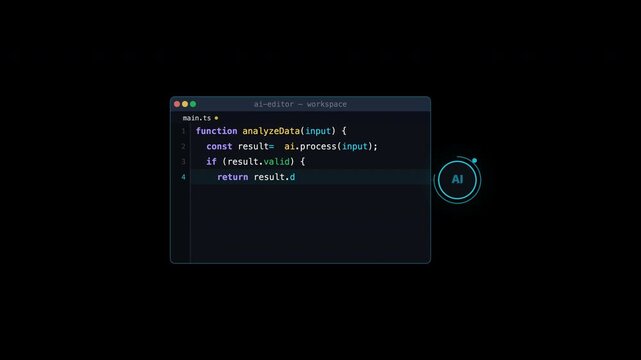 Code editor with javascript on a dark screen, ai icon. Suitable for technology websites, coding tutorials, software development blog posts.