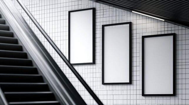 Three blank vertical advertising billboard frames on a tiled subway escalator wall