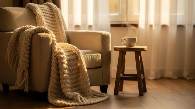 Cozy living room with beige armchair and warm knitted blanket next to steaming cup on wooden stool