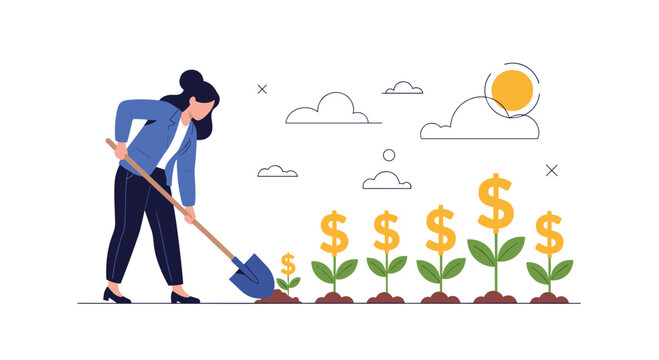 Businesswoman using a shovel to plant and grow money trees with dollar signs in a fertile field under a bright sun.