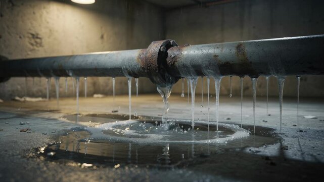 Leaking rusty metal pipe with water dripping and forming puddles on concrete floor in dimly lit room
