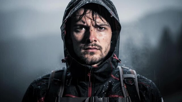 Portrait of determined man hiking in rain with backpack wearing waterproof jacket and hood outdoors