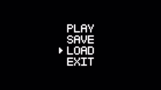 pixel art game style menu option text on black background. retro 8-bit pixel art menu. 4k animation video