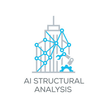 AI structural analysis network icon, building covered with sensor nodes, time vibration monitoring, earthquake safety research, civil engineering vector illustration