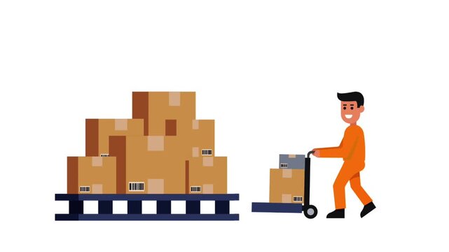Animated of a warehouse worker moving cardboard boxes with a hand truck.