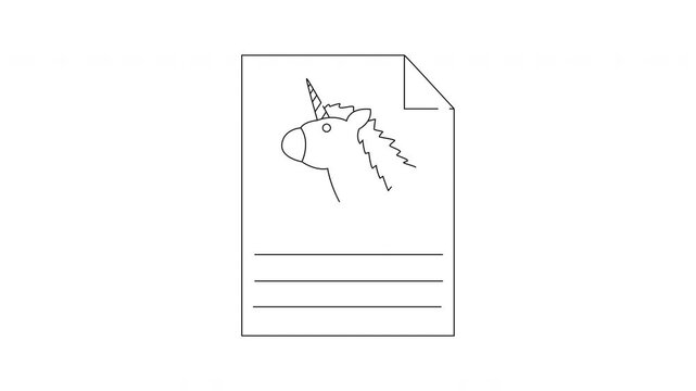 Simple Line Drawing of a Unicorn on a Paper Document.