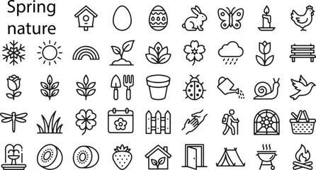 Spring nature and outdoor outline icon collection featuring gardening camping wildlife flowers and seasonal activity symbols © EPS VECOR 