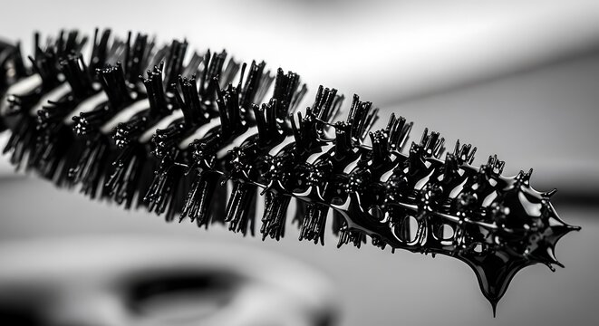 Close up of a mascara wand with glossy black bristles and liquid