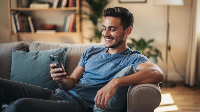 Happy young man relaxing on couch using smartphone at home in cozy living room