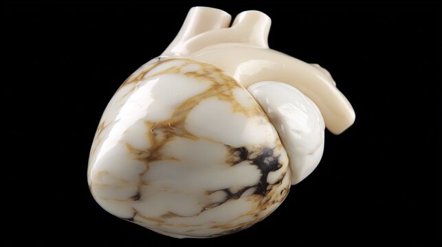 Marble-textured human heart cross-section with glossy fatty texture slowly covering one side, medical art warning of silent risk