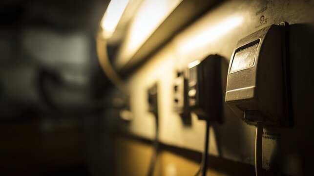 Detailed electrical switchboard and cable close-up, uniform lighting, dark industrial background, power system component safe layout