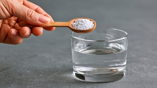 Hand adding baking soda from a wooden spoon to a glass of water with white powder