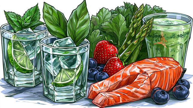 Healthy meal with salmon berries asparagus detox drinks detox drink healthy eating