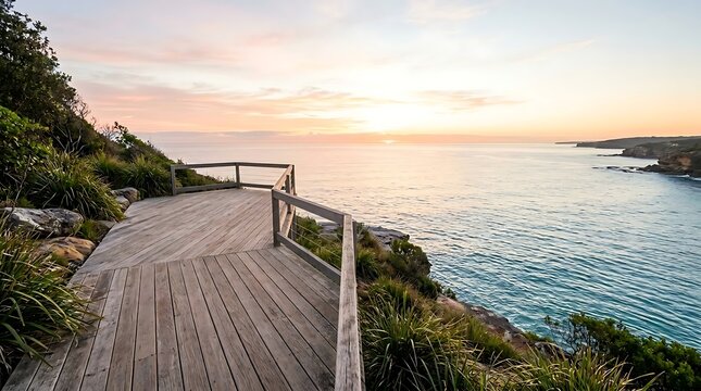 Scenic wooden boardwalk path overlooking ocean at sunrise with gentle waves and coastal vegetation