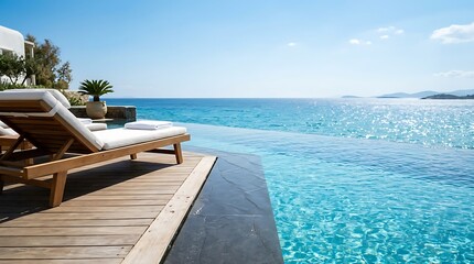 Fototapeta premium Luxurious infinity pool overlooking a turquoise ocean on a sunny day, with a lounge chair on a wooden deck, creating a serene vacation ambiance.