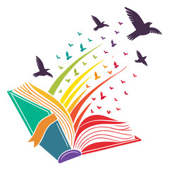 Obraz premium Rainbow pages of book transforming into birds fly.