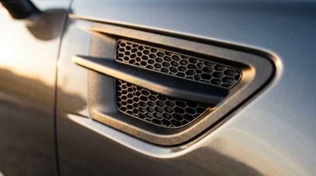 Close-up of a textured black plastic air intake vent with a honeycomb mesh grille on a silver metallic car fender panel, showing automotive aerodynamic cooling design details.