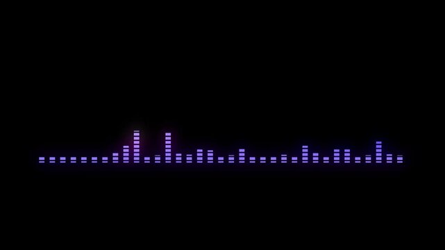 Colorful digital audio spectrum analyzer with glowing bars on black background, dynamic music equalizer visualization,  high tech sound frequency analyzer for podcast and radio, studio 4k video.