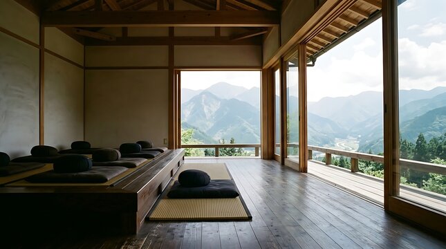 Serene Japanese meditation room with tatami mats and zabuton cushions overlooking a breathtaking mountain vista and lush green valley