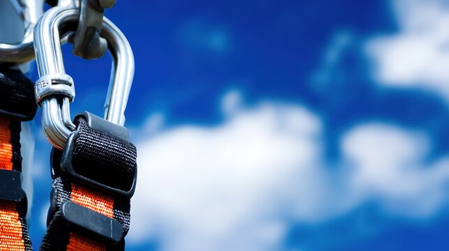 Construction safety hook close-up, sharp central carabiner against vast blurred sky, tilted angle for precision at height