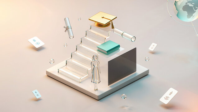 Education path and academic journey concept with stairs leading to graduation cap diploma scroll books and globe with student figure, learning success 3D illustration