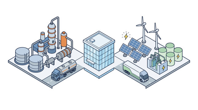 Industrial factory with solar panels wind turbines.