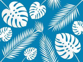 Minimalist Tropical Leaf Background with White Monstera and Palm Fronds Silhouettes on Blue Background for Summer Design © Andi