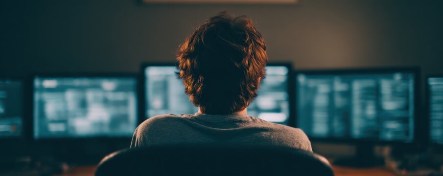 Young Software Developer Working on Multiple Computer Screens with Coding Interface in Dark Office Workspace Representing Technology Innovation and Focused Programming Workflow