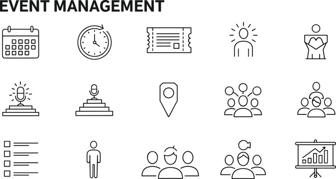 Event management icon set with calendar schedule ticket location audience presentation checklist and organization symbols for business planning