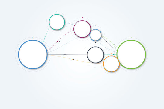 Interconnected circular nodes with colored outlines and dashed lines network circles connections