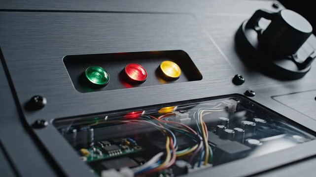 Close-up view of a control panel with buttons and wires inside