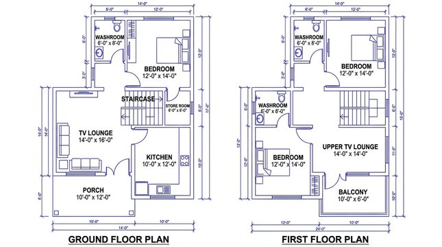 Double story 5 marla house floor plan with ground and first floor layout