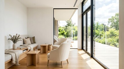 Obraz premium Serene spa relaxation area with natural light and outdoor view, modern minimalist design with comfortable seating and wooden accents