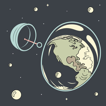 Earth planet in bubble from bubble blower tool.