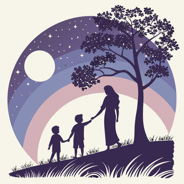 Mother holding hands with two sons under night sky.