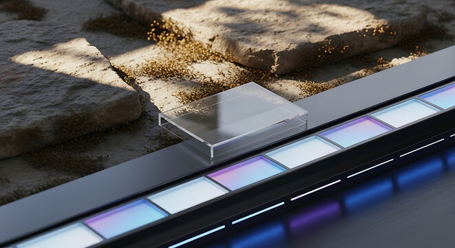 Acrylic cube resting on a modern linear light fixture with colorful le ds and stone background transparent geometric illumination spectrum technology lighting contemporary abstract background