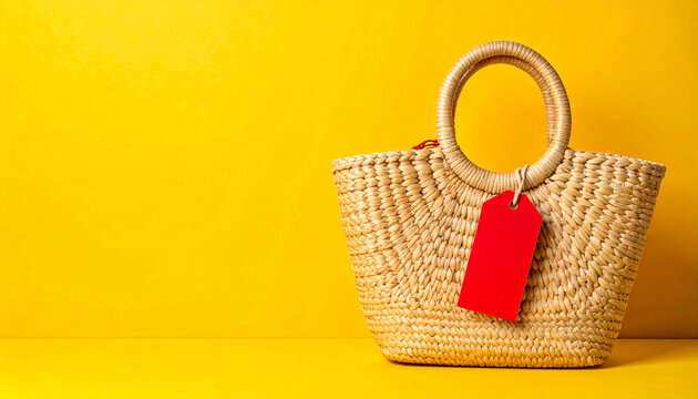 Red sale tag on straw beach bag for summer promotion