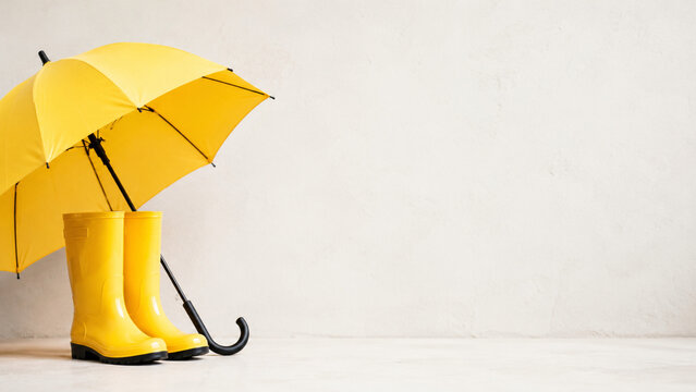 Yellow umbrella and rubber boots on neutral background for rainy season preparation
