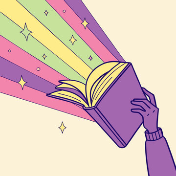 Illustration showing open book with rainbow energy.