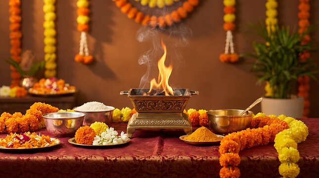 Traditional indian hindu puja ceremony with fire offering in havan kund and marigold garlands